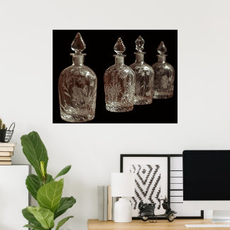 Clear Etched Retro Glass Perfume Bottles On a Wall Poster