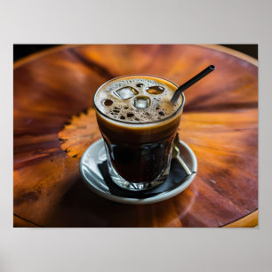 Clear Glass of Iced Americano on Wooden Table Poster