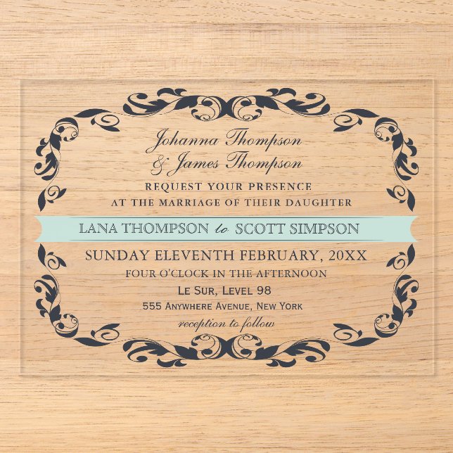 CLEAR Navy Elegant Victorian Filigree Wedding Acrylic Invitations (Front)