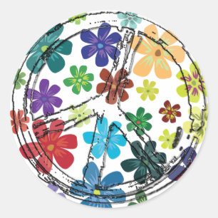 CLEAR PEACE SIGN WITH FLOWERS CLASSIC ROUND STICKER