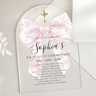 CLEAR Pink Toile Bow Girl First Communion Arch Acrylic Invitations