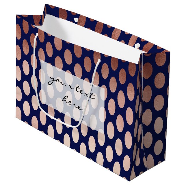 clear rose gold navy blue polka dots pattern large gift bag (Front Angled)