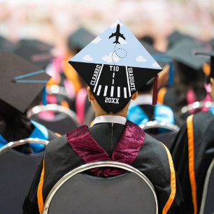 Cleared to Graduate Year Runway Clouds Airplane Graduation Cap Topper