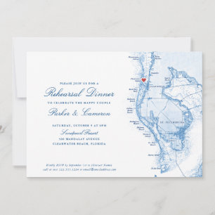 Clearwater Beach FL Map Navy Blue Rehearsal Dinner Invitation