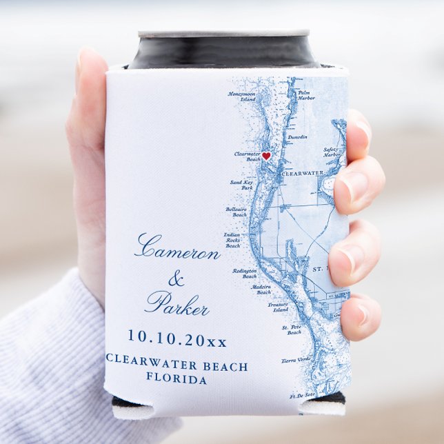 Clearwater Beach FL Map Wedding Favour Drink Can Cooler (Clearwater Beach FL Can Coozie Wedding Favor in elegant navy blue from Coastal Map Designs)