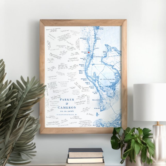 Clearwater Beach FL Map Wedding Guest Book Poster (Clearwater Beach FL alternative guest book poster in elegant navy blue from Coastal Map Designs)