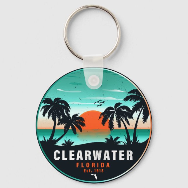 Clearwater Florida Beach Retro Sunset Souvenirs Keychain (Front)