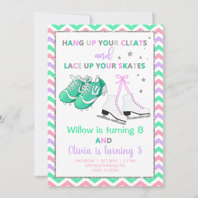 Cleats and skates girls siblings birthday invite. invitation (Front)