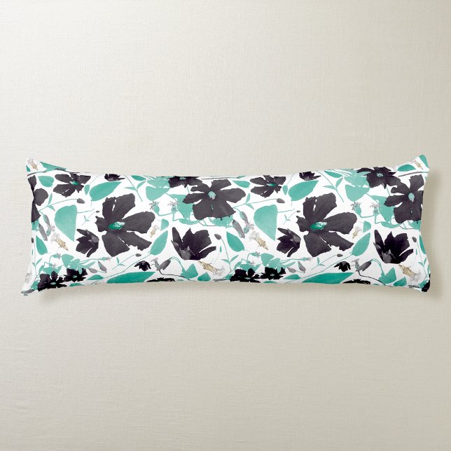 Clematis Floral Grey Teal Watercolor Body Pillow (Clematis Floral Gray Teal Watercolor Body Pillow from Studio Posies.)