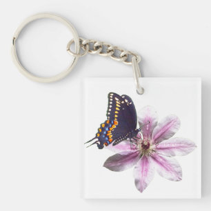 Clematis flower and black swallowtail butterfly keychain