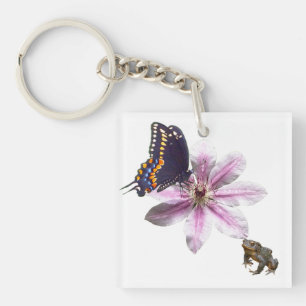 Clematis flower and black swallowtail butterfly keychain