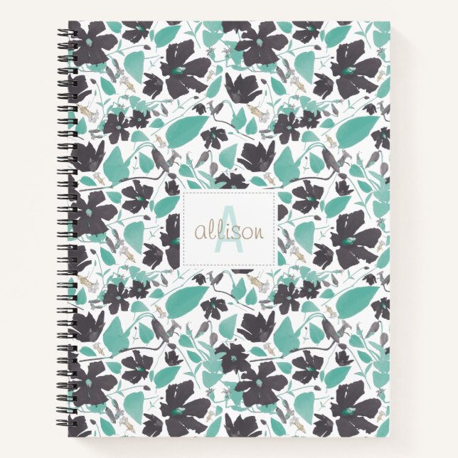 Clematis Flowers Teal Brown Pattern With Monogram Notebook (Front)