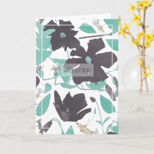 Clematis Flowers Teal Happy Birthday Card