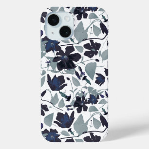 Clematis Navy Grey Floral Watercolor Pattern iPhone 15 Case