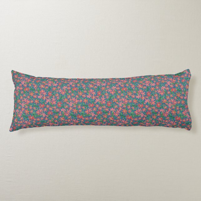 Clematis Pink, Red, Orange Floral on Deep Blue Body Pillow (Front)