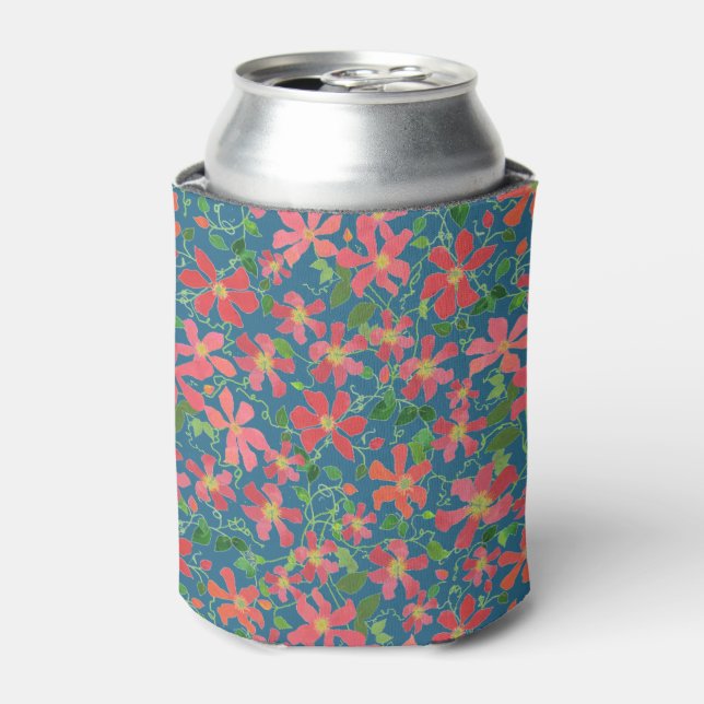 Clematis Pink, Red, Orange Floral on Deep Blue Can Cooler (Can Front)