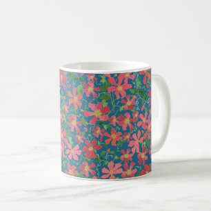 Clematis Pink, Red, Orange Floral on Deep Blue Coffee Mug