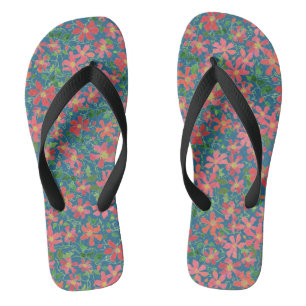 Clematis Pink, Red, Orange Floral on Deep Blue Flip Flops