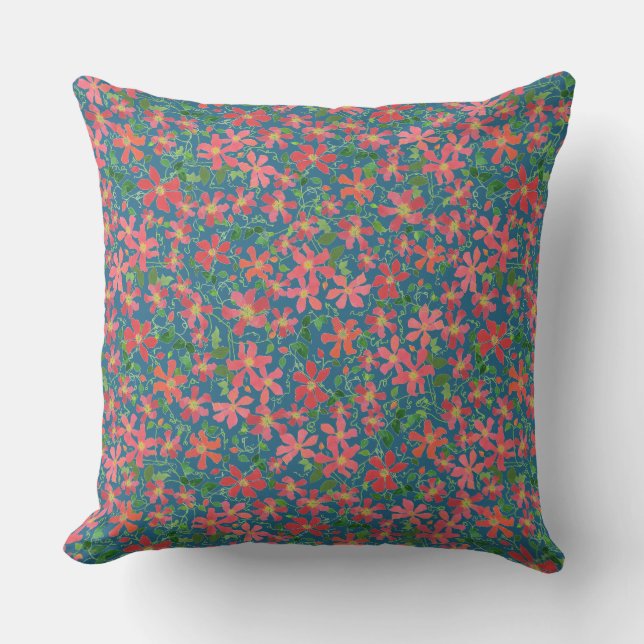 Clematis Pink, Red, Orange Floral on Deep Blue Throw Pillow (Front)