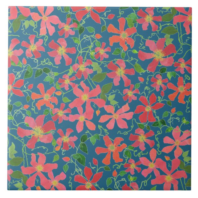 Clematis Pink, Red, Orange Floral on Deep Blue Tile (Front)