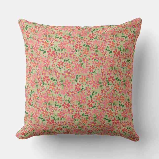Clematis Pink, Red, Orange Floral Pattern on Taupe Throw Pillow (Front)