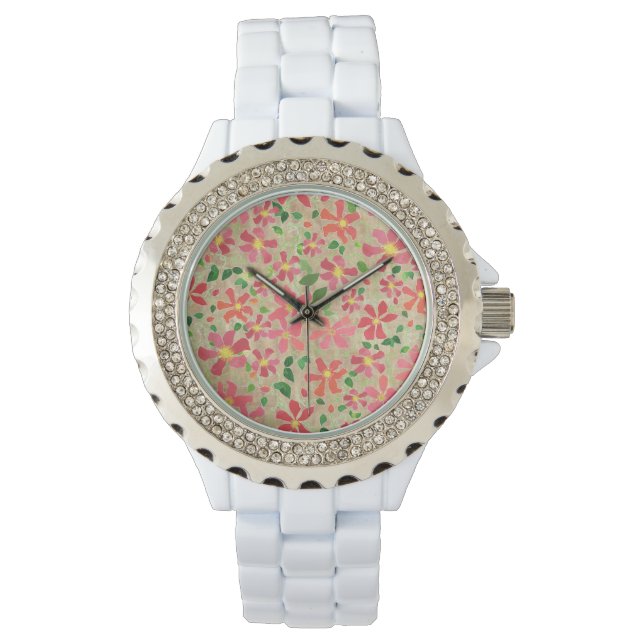 Clematis Pink, Red, Orange Floral Pattern on Taupe Watch (Front)