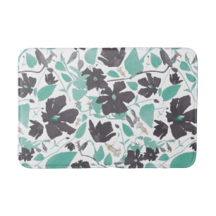 Clematis Teal Brown Floral Pattern Bath Mat