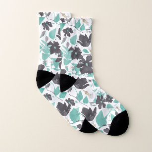 Clematis Vine Floral Grey Teal Watercolor Socks
