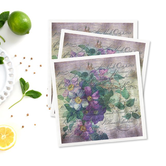 Clematis Vine Handwriting Ephemera Decoupage Napkin (Creator Uploaded)