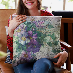 Clematis Vine Handwriting Ephemera Throw Pillow