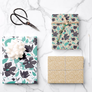 Clematis Watercolor Teal Grey Floral Wrapping Paper Sheet