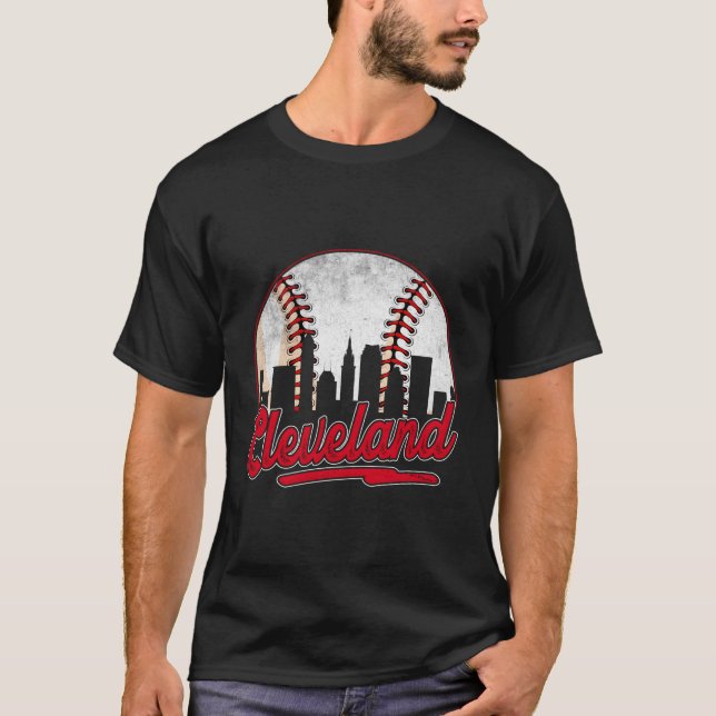 Cleveland Cityscape Baseball Lover Player And Fans T-Shirt (Front)