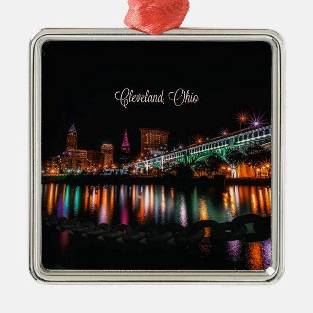 Cleveland, Ohio at night, labeled Metal Ornament (Front)