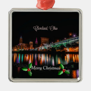 Cleveland, Ohio cityscape, Merry Christmas Metal O Ornament