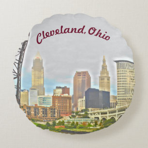 Cleveland, Ohio River Skyline Round Pillow