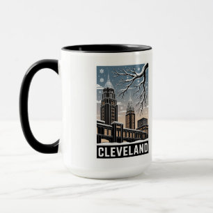 Cleveland Ohio Skyline Winter Woodcut Black&White Mug
