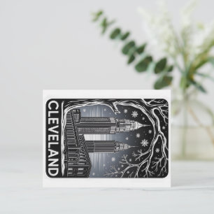 Cleveland Ohio Skyline Winter Woodcut Black&White Postcard