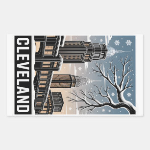 Cleveland Ohio Skyline Winter Woodcut Black&White Sticker