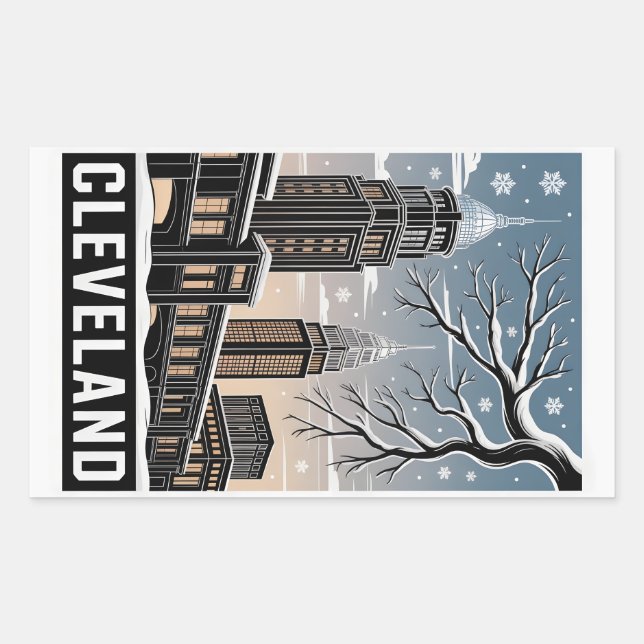 Cleveland Ohio Skyline Winter Woodcut Black&White Sticker (Front)
