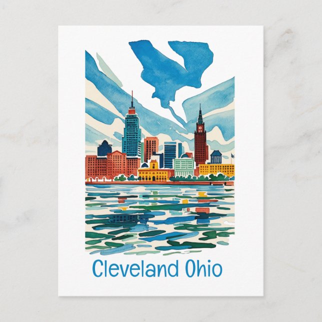 Cleveland Ohio Watercolor Skyline Postcard (Front)