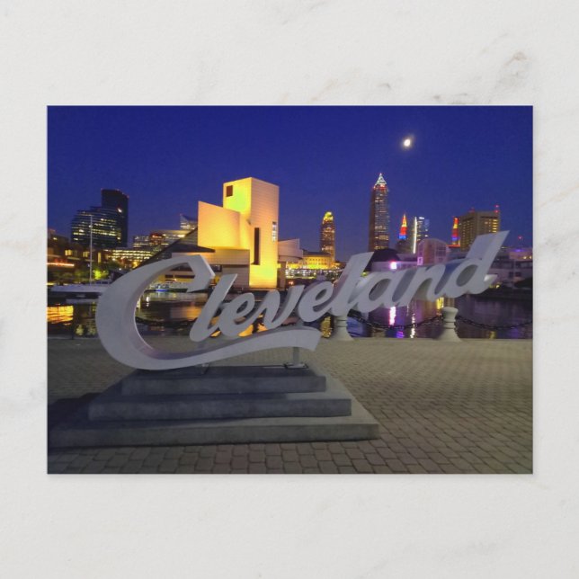 Cleveland script sign at night postcard (Front)
