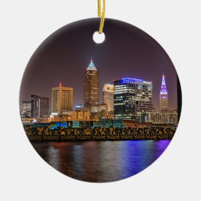 Cleveland Skyline at Night Ceramic Ornament (Front)