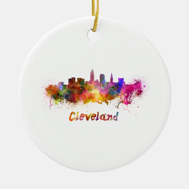 Cleveland skyline in watercolor ceramic ornament (Front)