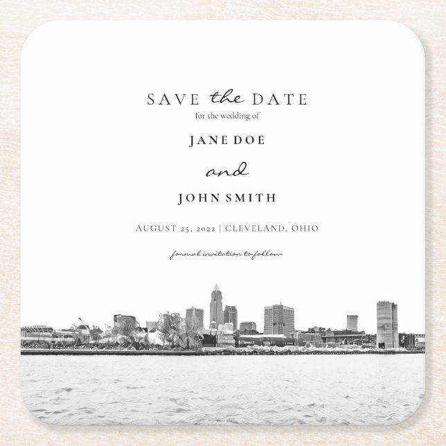 Cleveland Skyline Paper Coaster Save the Date (Front)