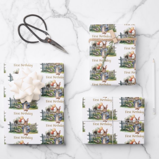 Clever rabbit with big tummy First Birthday Wrapping Paper Sheet (Front)