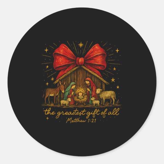 Clic Nativity Scene – Greatest Gift Matthew 1_21  Classic Round Sticker (Front)