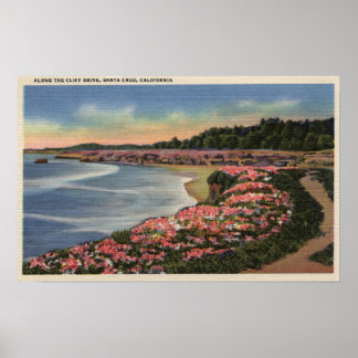 Cliff Drive View of Ocean, Beach, & Flowers Poster