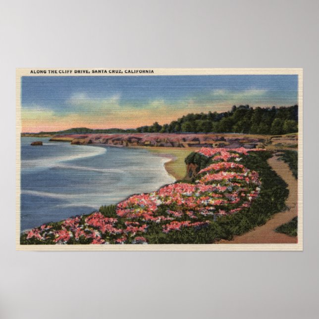 Cliff Drive View of Ocean, Beach, & Flowers Poster (Front)