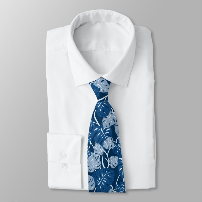 Cliff Hanger Hawaiian Monstera Leaf Indigo Blue Tie (Tied)