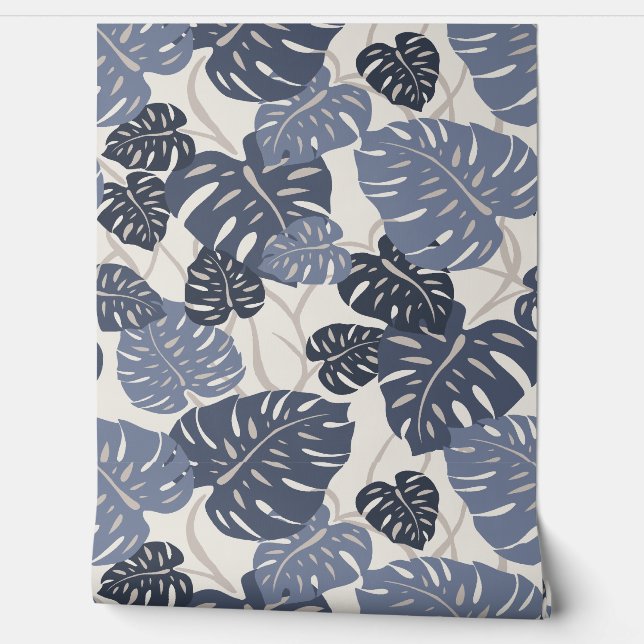 Cliff Hanger Hawaiian Monstera Leaf  - Indigo Wallpaper (Unrolling)